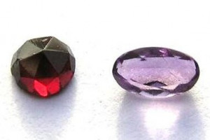 Faceted Czech garnet and Brazilian amethyst, citrine and garnet. Total 0.91 ct, approx. 5x3 mm and ø 3.88 mm. Faceted in the Czech Republic.