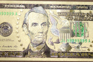 FIVE DOLLARS - gold banknote USA - fake money covered with 24 carat gold foil, collectible money, very nice design and shine, price for 1 piece