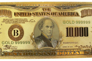 USD 10.000 - gold banknote USA - fake money covered with 24 carat gold foil, collectible money, very nice design and shine, price for 1 piece